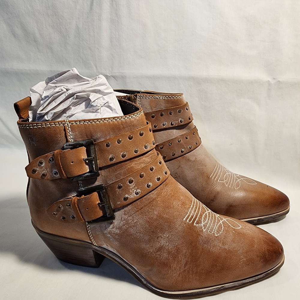 Brown Studded Ankle Boots with Buckle Straps